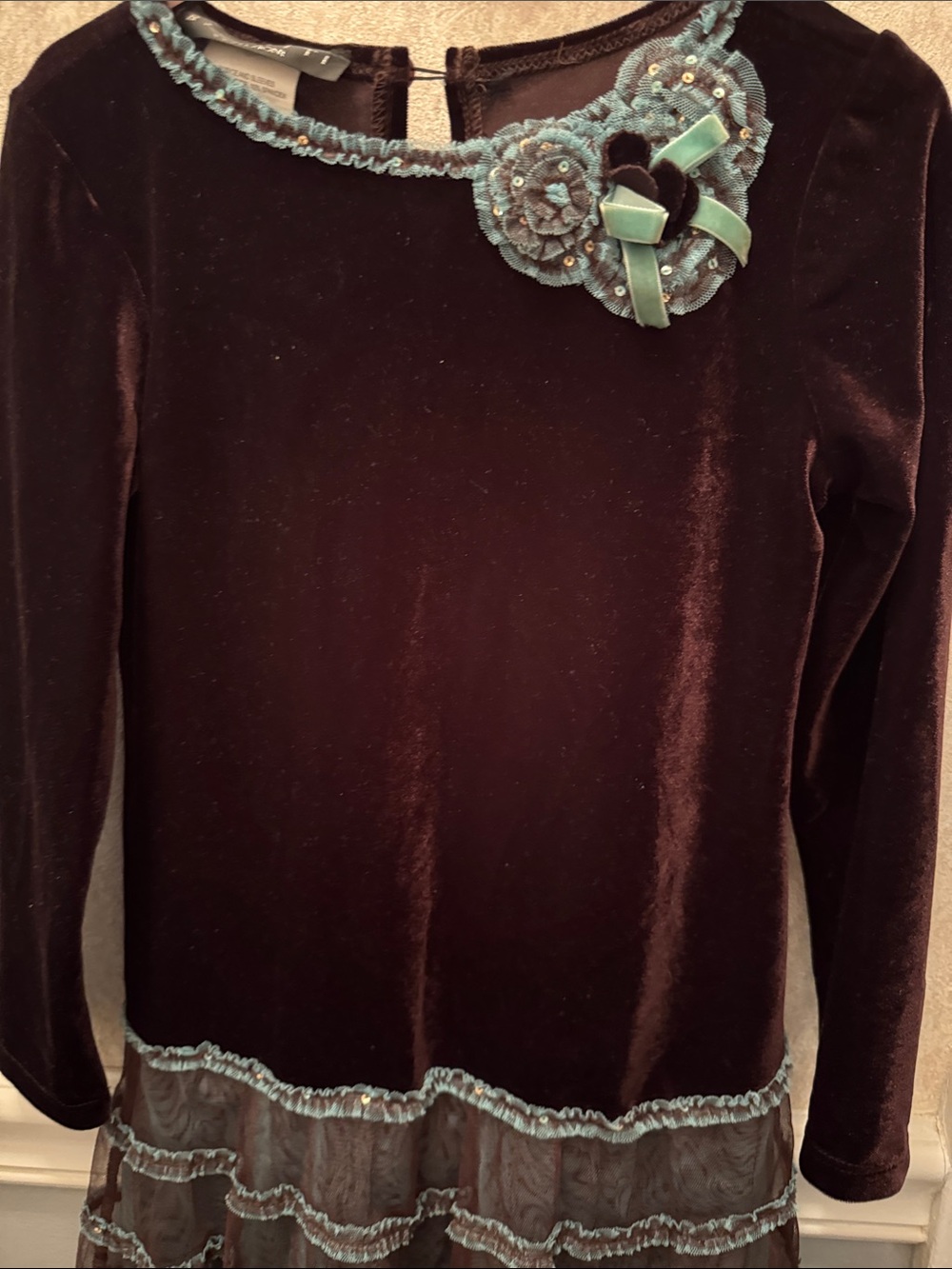 Girl size 5 Biscotti Brown Velvet Dress with Teal Trim EUC - Picture 5 of 7